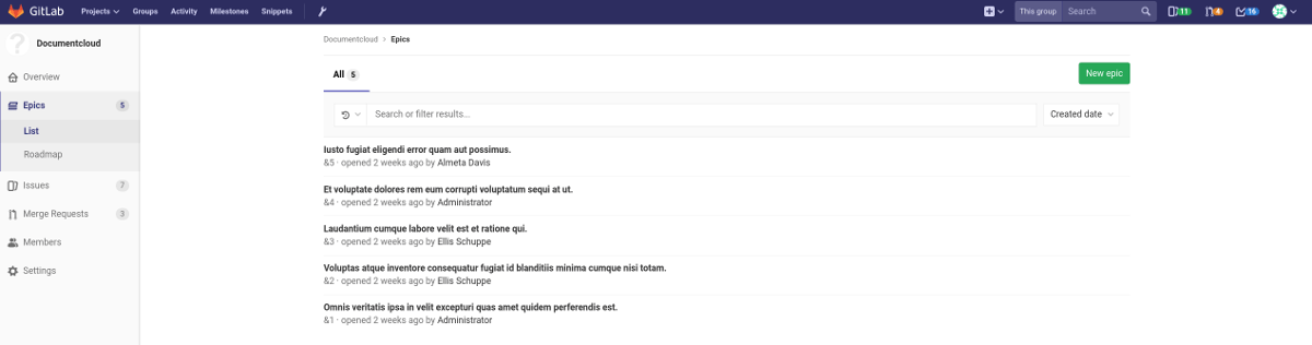 epics list view